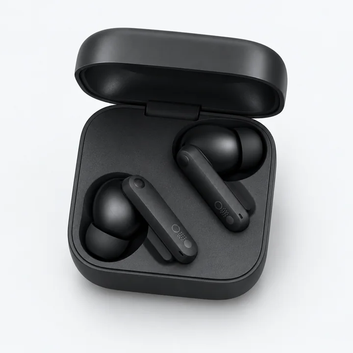 Black wireless earbuds in an open charging case